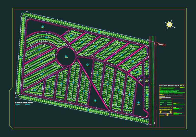 Urban parceling plan showing subdivided residential lots, street networks, and common areas for a condominium development.
