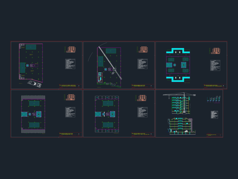 Architectural CAD layout showing construction site safety measures, tower crane placement, and site facilities.