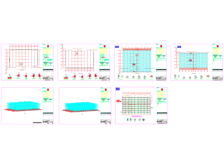 DWG drawing of G+3 steel building frame with plans, elevations, sections, and structural connection details.