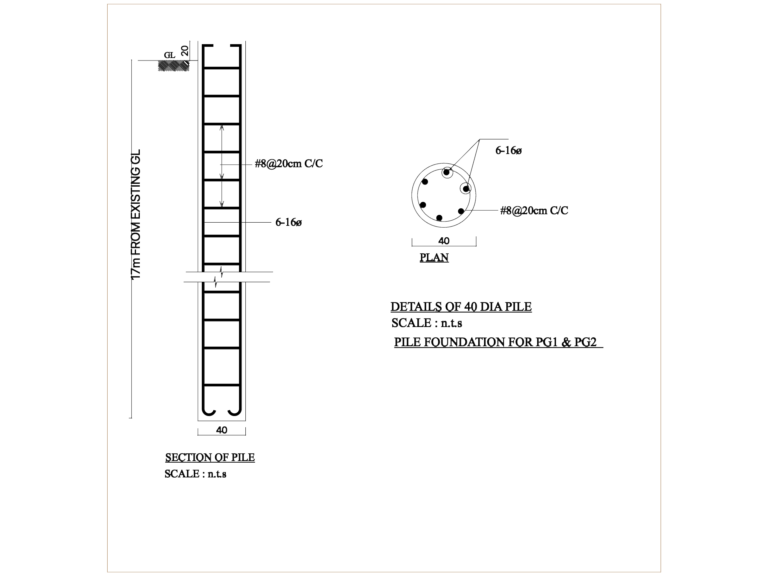 Technical CAD drawing showing a section and plan view for a 40 diameter concrete pile foundation with rebar details.