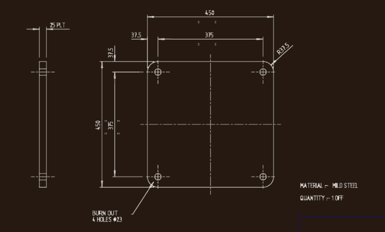 Engineering drawing of a square steel base plate with four holes and corner radius dimensions.