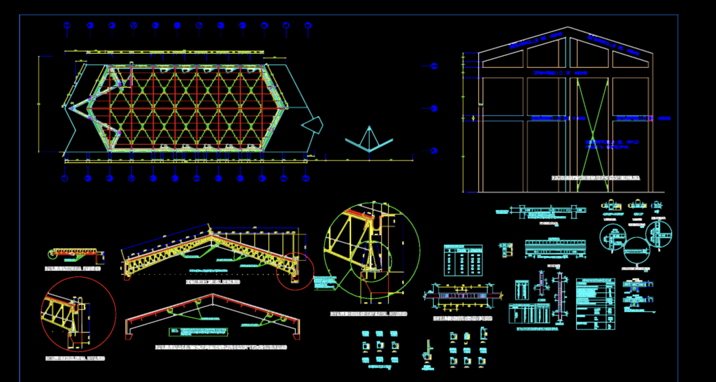 Detailed structural drawing showing steel trusses, concrete beam sections, and rebar specifications for a chapel.