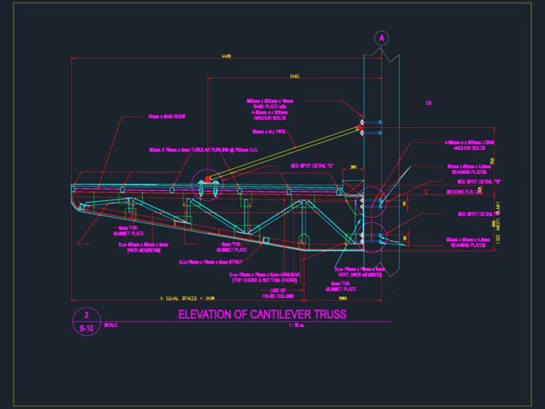 Technical elevation drawing of a steel cantilever truss with chord, purlin, and base plate specifications.