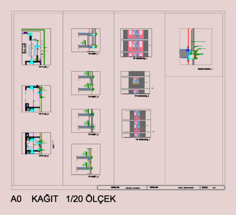 Architectural drawing showing detailed cross-sections and elevations of an aluminum composite facade system.