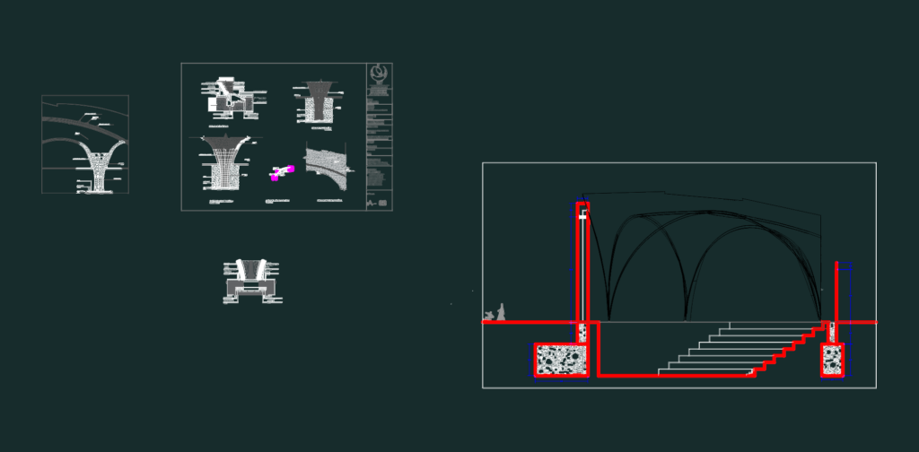 Technical drawing showing construction details and sections of a concrete shell amphitheater roof structure.