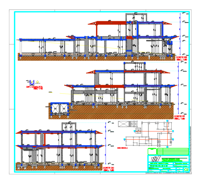 Three detailed structural building cross-sections and a gutter rebar detail with Portuguese annotations and labels.