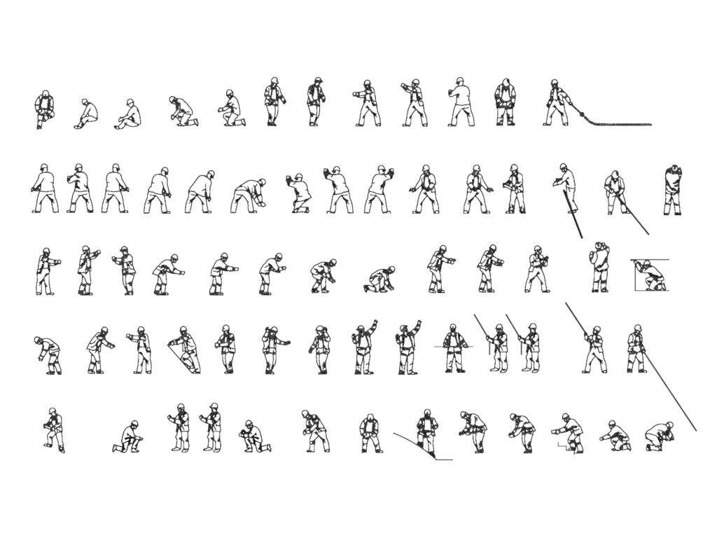 Silhouette drawings of construction workers in various poses like pulling ropes and kneeling.