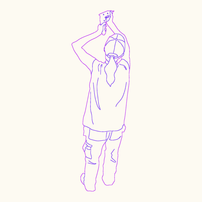 2D CAD outline of a construction worker with a drill overhead seen from behind.