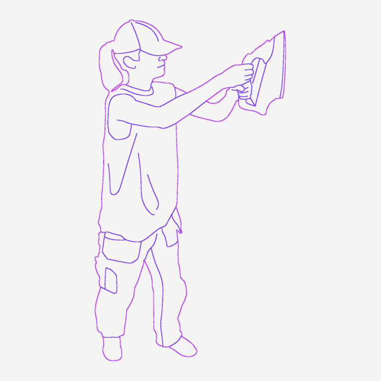 2D CAD silhouette of a construction worker using a handheld heating tool against a wall in side elevation.