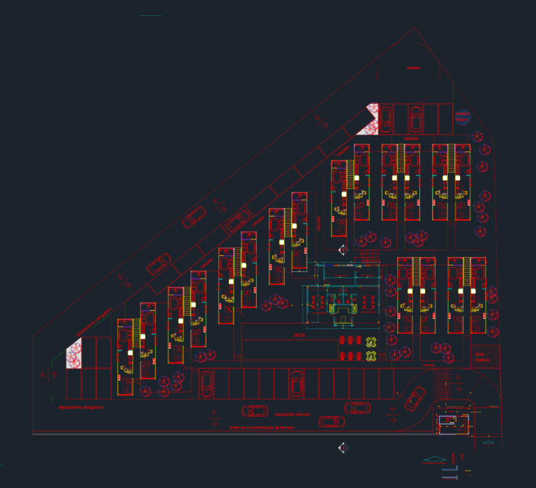 CAD site plan of a container housing complex with modular units, parking, and a central leisure deck.