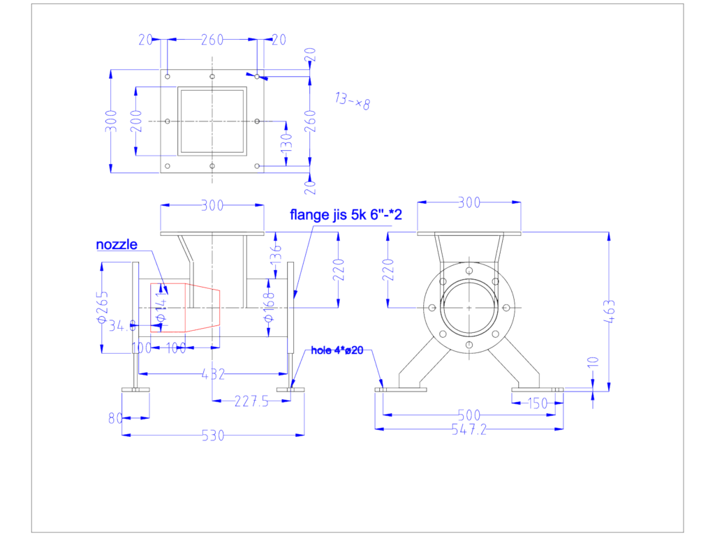 CAD drawing of a continual conveying pump showing nozzle, JIS 5K flange, and dimensioned views.
