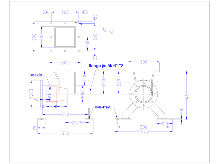 CAD drawing of a continual conveying pump showing nozzle, JIS 5K flange, and dimensioned views.