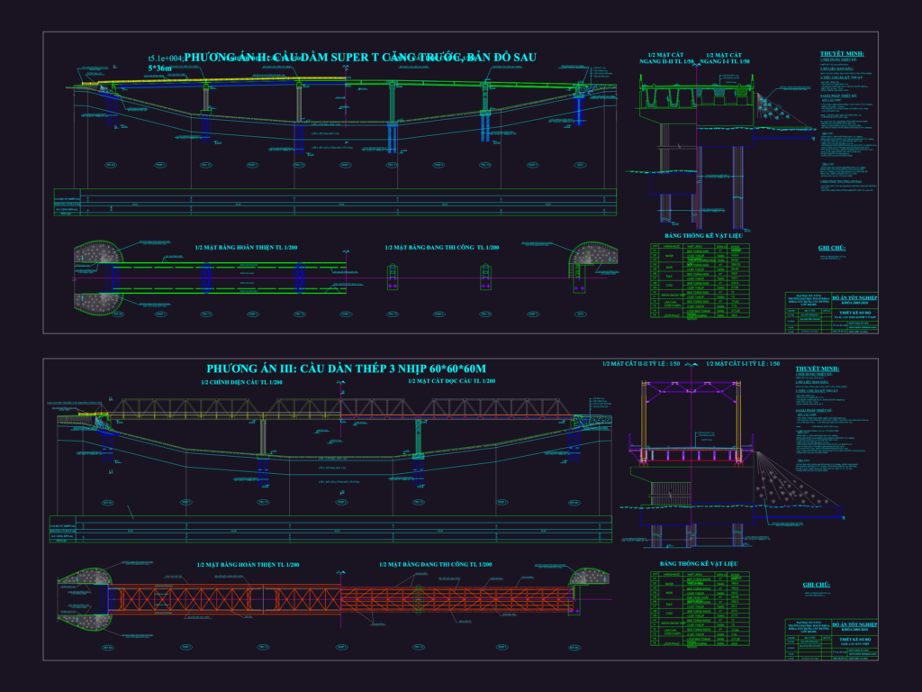 CAD drawing of a continuous steel beam bridge showing longitudinal elevation, cross-sections, and pile foundations.