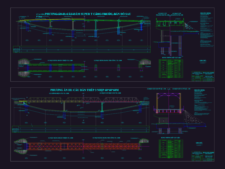 CAD drawing of a continuous steel beam bridge showing longitudinal elevation, cross-sections, and pile foundations.