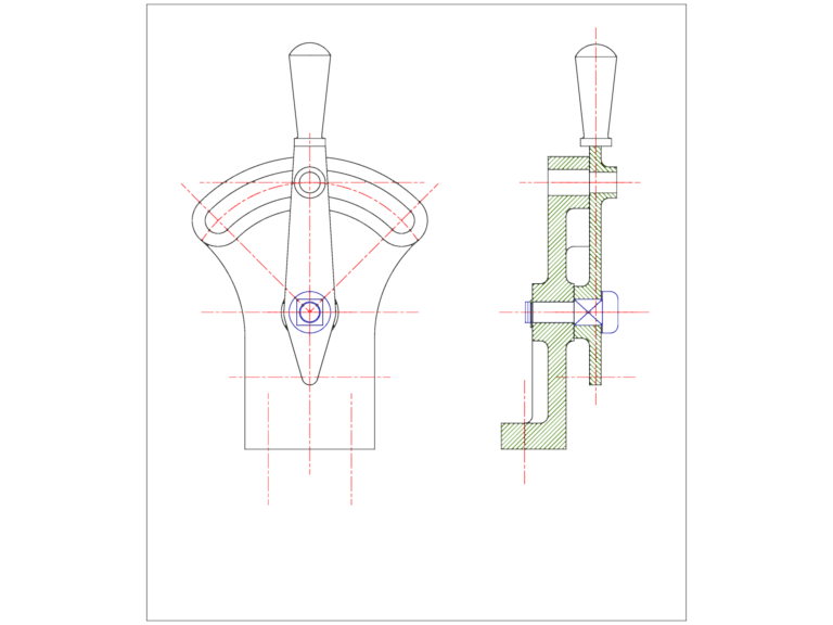 CAD drawing showing front elevation and side section of a manual mechanical control handle with pivot details.