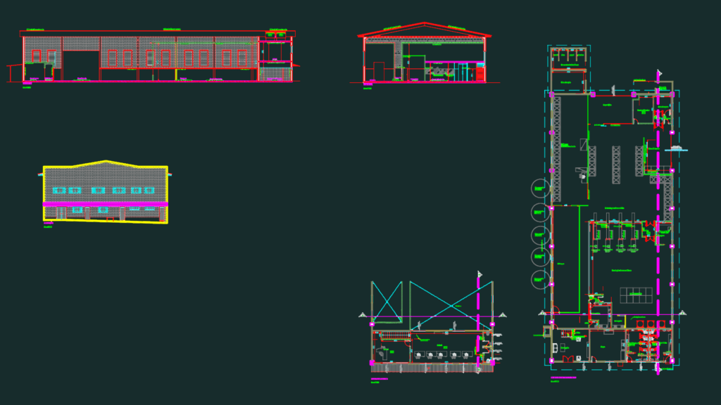 Architectural floor plans and building elevations for an industrial cosmetics factory.