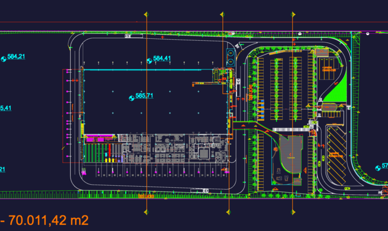 Site layout and architectural sections for a large industrial distribution center building.