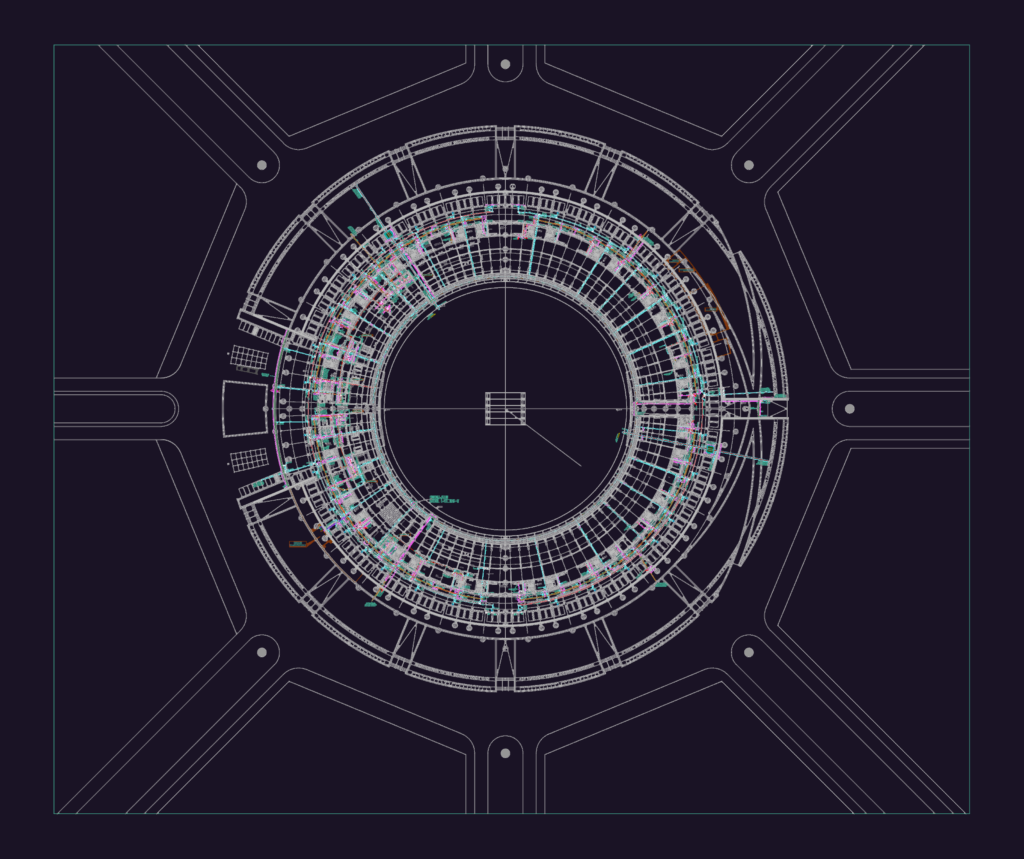 Cricket stadium drainage layout plan showing pipe networks, manholes, and technical plumbing details.