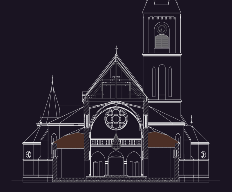 Cross Section of a Large Cathedral with a Bell Tower