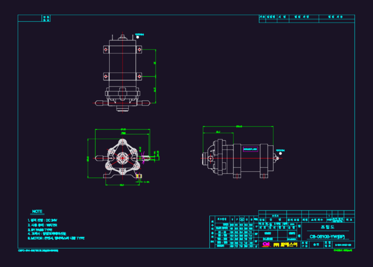 2D CAD assembly drawing of a CS-0510B-YW water pump with dimensions and technical specifications.