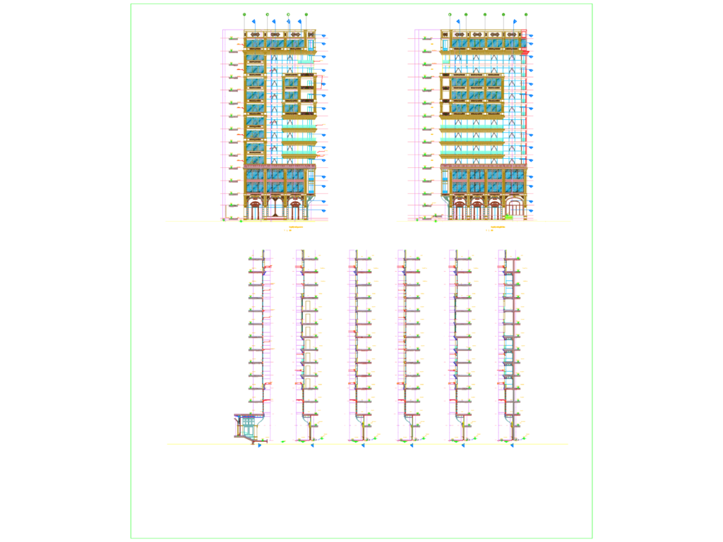 Front elevation and vertical section details of a multi-story building glass curtain wall system.