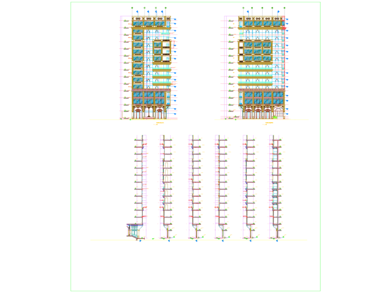 Front elevation and vertical section details of a multi-story building glass curtain wall system.