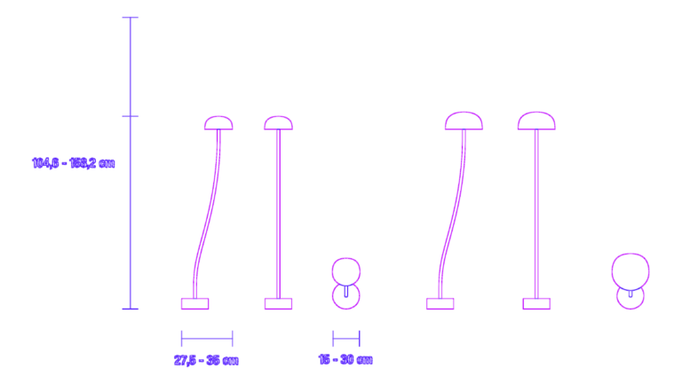 CAD elevations and plans of a modern floor lamp with curved and straight stem variations and dimensions.