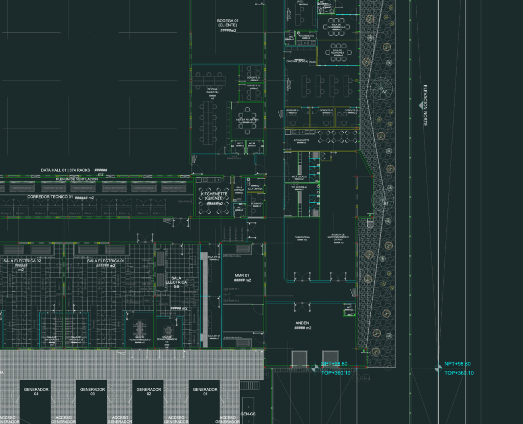 Plan view of a data center facility showing server racks, electrical rooms, generators, and landscaped areas.