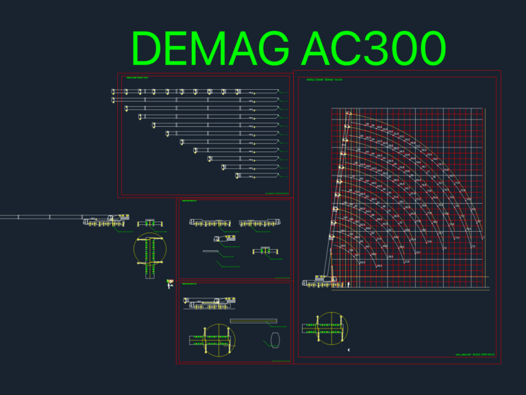 2D CAD drawing of a Demag AC300 mobile crane with load capacity grid and boom extension details.