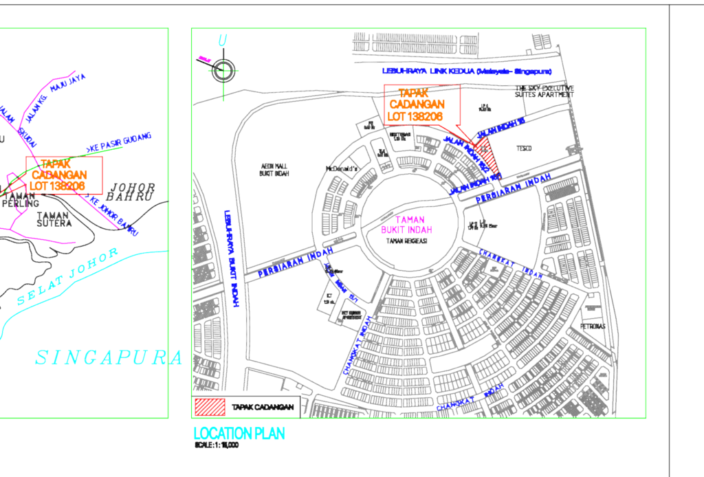 Site plan and technical survey drawing for a commercial office building in Bukit Indah, Johor Bahru.