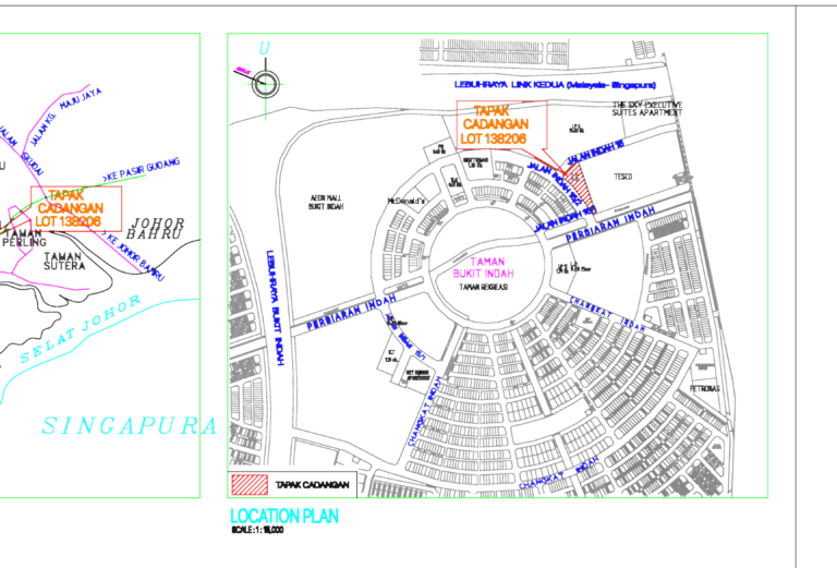 Site plan and technical survey drawing for a commercial office building in Bukit Indah, Johor Bahru.