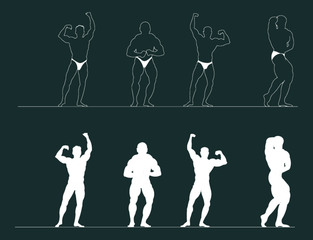 AutoCAD silhouettes and outlines of male bodybuilders in various muscle-posing positions.