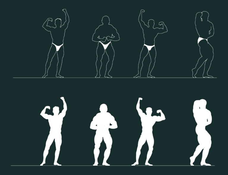 AutoCAD silhouettes and outlines of male bodybuilders in various muscle-posing positions.