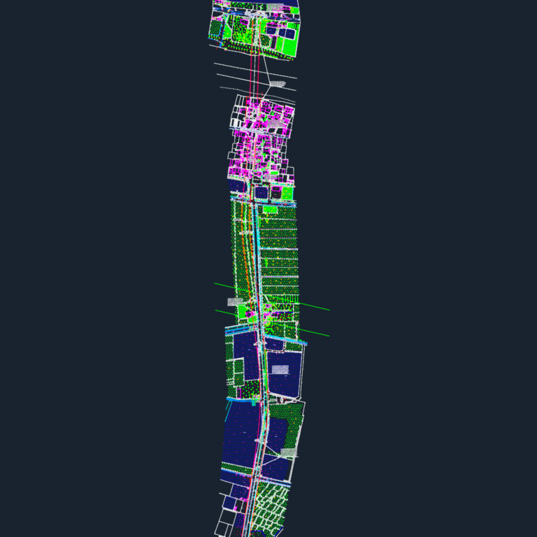CAD layout of a bridge route plan crossing a river with surrounding road infrastructure and land survey data.