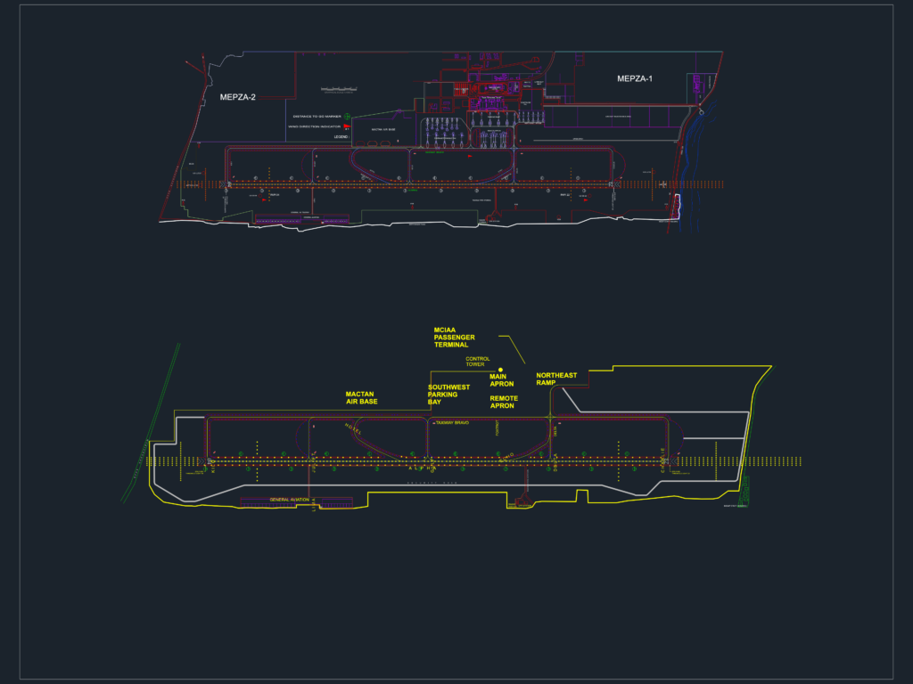 CAD drawing showing an airport layout with runways, taxiways, and aircraft parking bays.