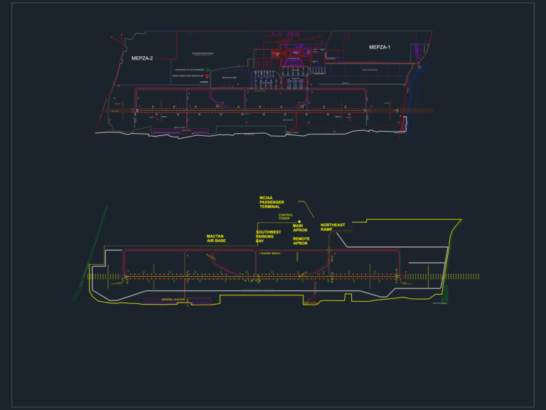 CAD drawing showing an airport layout with runways, taxiways, and aircraft parking bays.