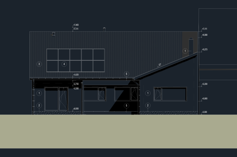 Southeastern elevation of a modern family house with solar panels and roof height markers.