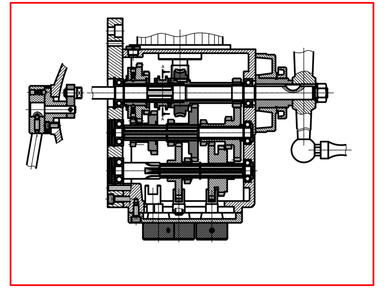 Sectional assembly drawing of a milling machine gearbox showing internal gear mechanisms and shafts.
