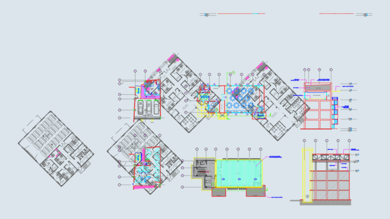 Detailed architectural drawings showing floor plans, sections, and site vicinity maps for office buildings.