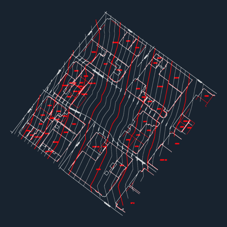 CAD site plan with topographic contour lines, street names, and building lot boundaries with RE identification numbers.