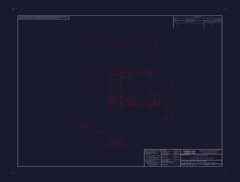 Technical CAD drawing of an industrial die tool for hooks and chains with drill and tap specifications.