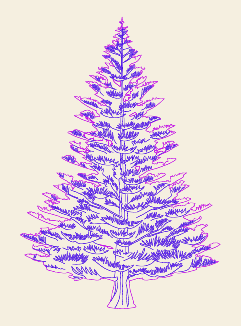 Detailed 2D CAD elevation of a pine tree drawn with organic splines for a natural forest look.