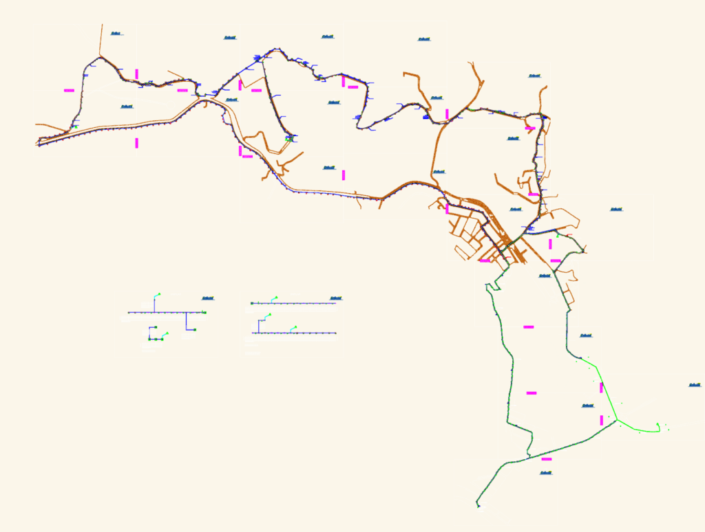 Telecommunications network map with optical fiber cable routes, street names, and technical specifications for utility lines.
