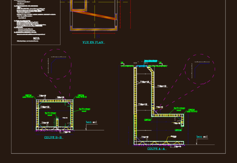 CAD technical drawing showing plan and section views of a reinforced concrete storm overflow weir with rebar detailing.