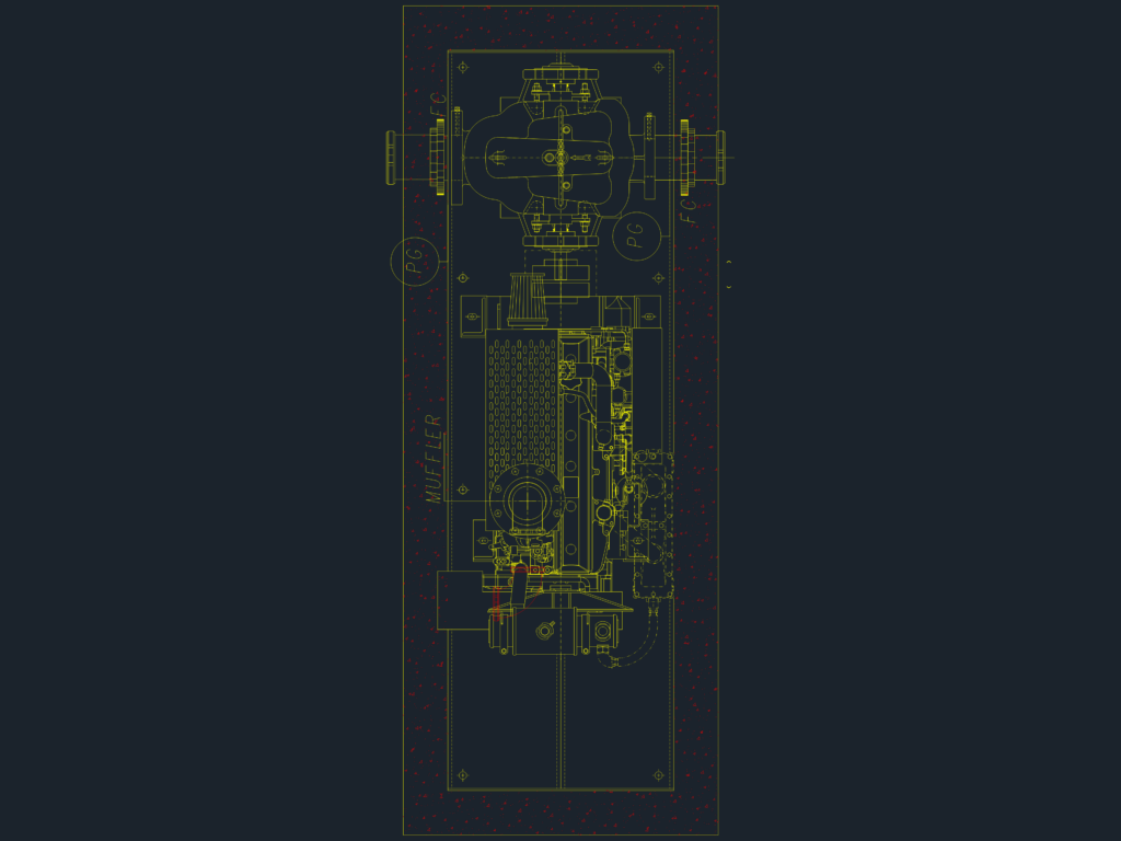 Mechanical plan view of a diesel pump on a concrete foundation with labels for the muffler and gauges.