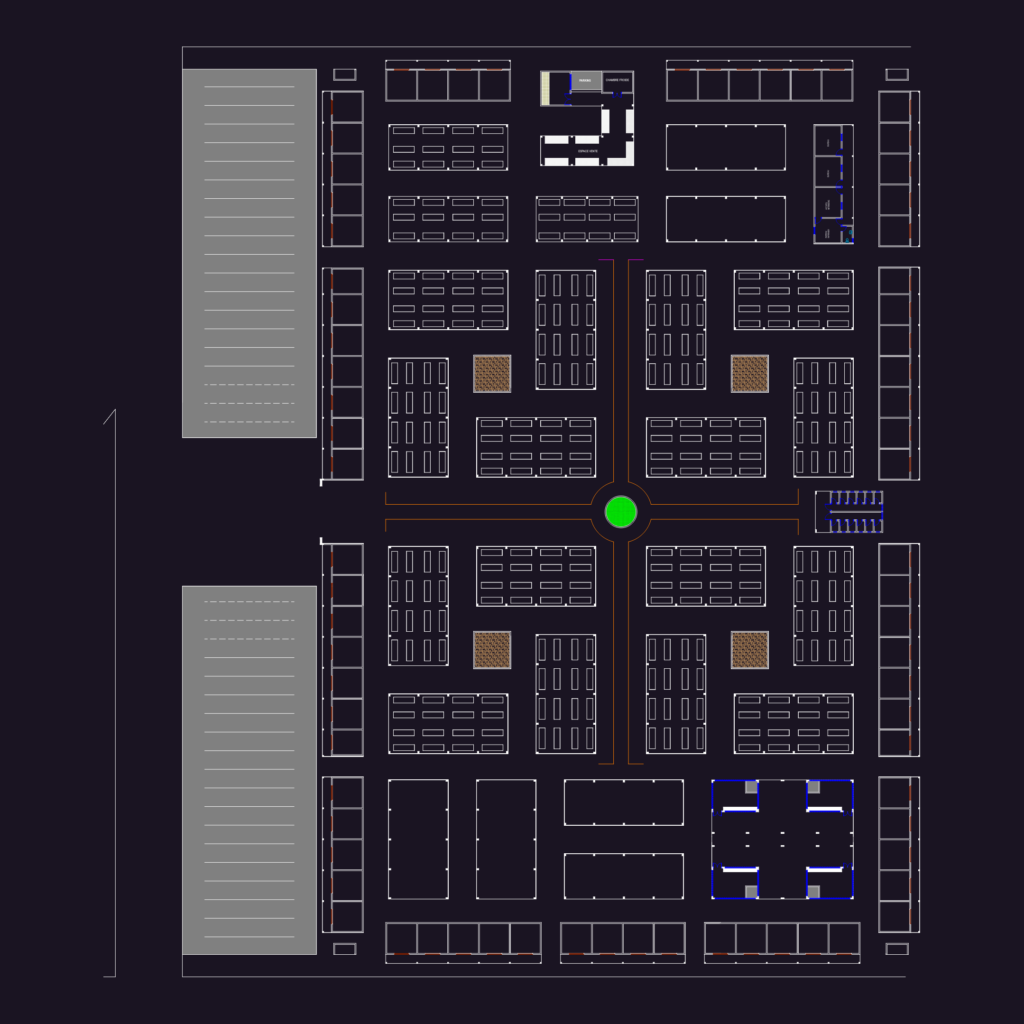 Architectural site plan and elevations for a communal market including parking and office layouts.