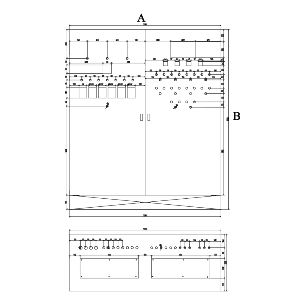 Front elevation and bottom view CAD drawing of a 1600mm double-door industrial electrical control panel with dimensions.