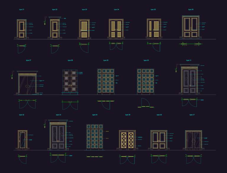 2D CAD elevations and plans for 17 different single and double door designs with technical material callouts.