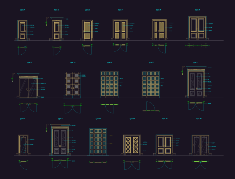Collection of Interior and Exterior Door Elevation and Plan Details