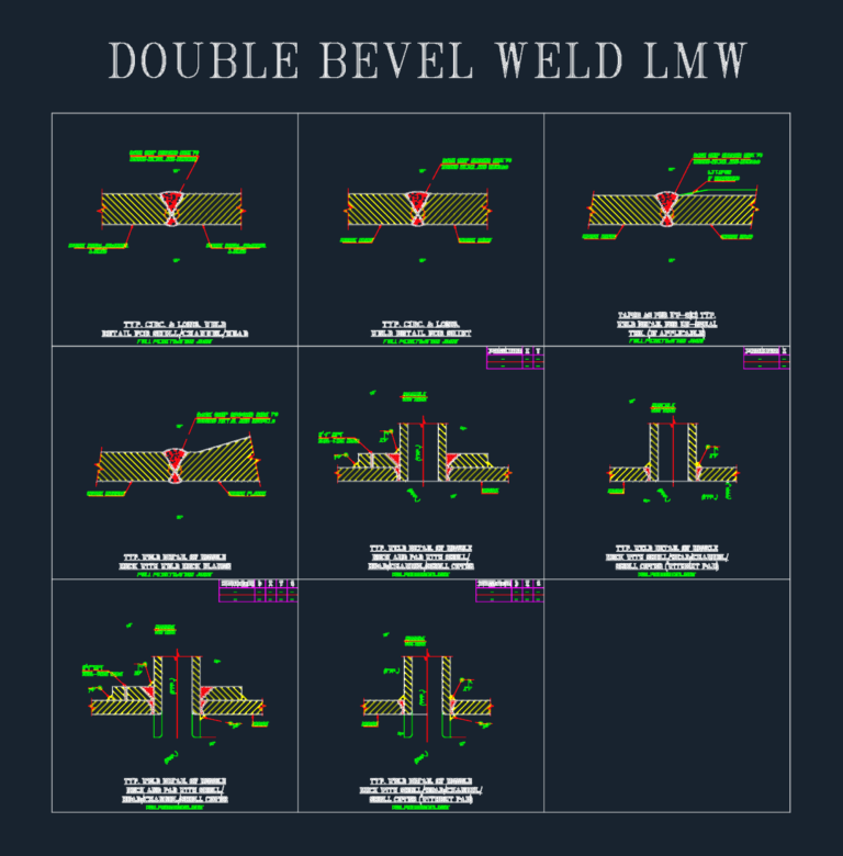Technical drawing showing double bevel welding details for pressure vessel shells, nozzles, and skirts.